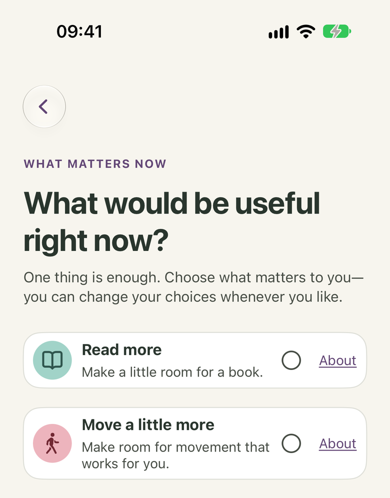 Momentum setup screen offering a choice of first practices.