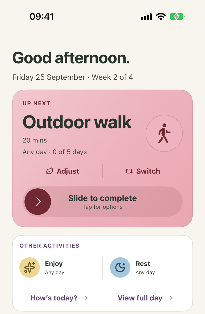 Momentum Today screen showing an outdoor walk and options to adjust the day.